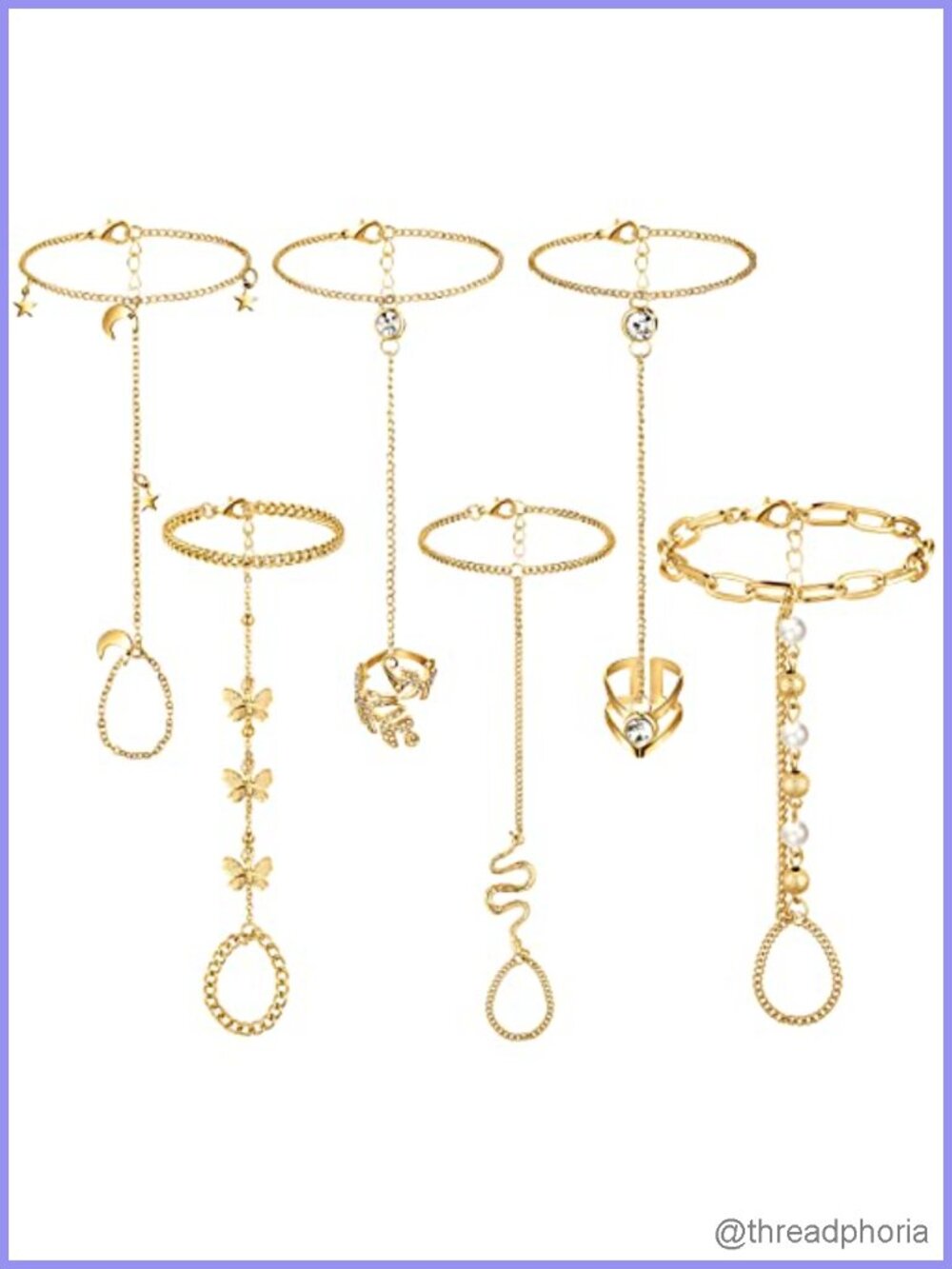 6 Pcs Rhinestone Hand Chain Bracelet Set Gold Alloy Finger Rings